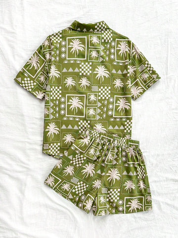 2pcs Beach Vacation Fun Print Shirt And Shorts Set, Leisure 2pcs Beach Vacation Fun Print Shirt And Shorts Set, Leisure