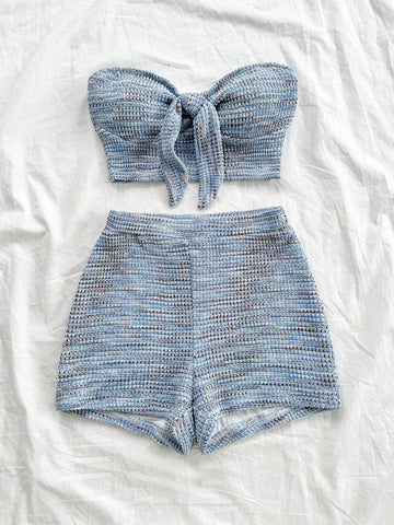 2pcs Women Vacation Knit Bandeau Twist Ear Decor Fitted Top And Shorts Set, Chiffon Knit Texture Under Layer For Autumn/Winter 2pcs Women Vacation Knit Bandeau Twist Ear Decor Fitted Top And Shorts Set, Chiffon Knit Texture Under Layer For Autumn/Winter