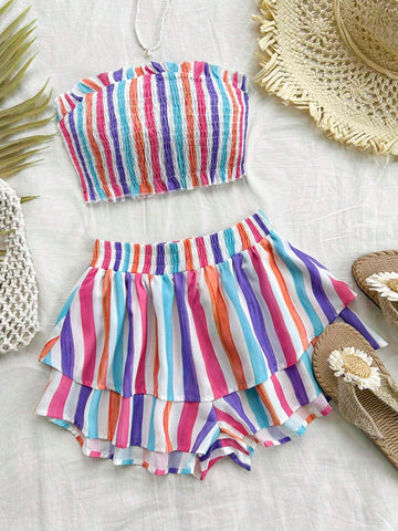 Colorful Stripe Strapless Pleated Ruffle Top And Shorts Set, Romantic Casual Vacation Women's Outfit, Summer Colorful Stripe Strapless Pleated Ruffle Top And Shorts Set, Romantic Casual Vacation Women's Outfit, Summer
