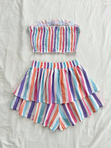 Colorful Stripe Strapless Pleated Ruffle Top And Shorts Set, Romantic Casual Vacation Women's Outfit, Summer Colorful Stripe Strapless Pleated Ruffle Top And Shorts Set, Romantic Casual Vacation Women's Outfit, Summer
