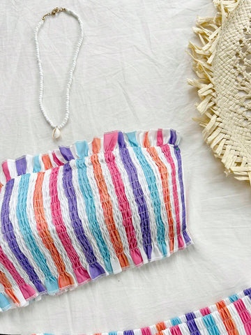 Colorful Stripe Strapless Pleated Ruffle Top And Shorts Set, Romantic Casual Vacation Women's Outfit, Summer Colorful Stripe Strapless Pleated Ruffle Top And Shorts Set, Romantic Casual Vacation Women's Outfit, Summer