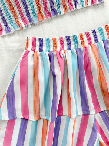 Colorful Stripe Strapless Pleated Ruffle Top And Shorts Set, Romantic Casual Vacation Women's Outfit, Summer Colorful Stripe Strapless Pleated Ruffle Top And Shorts Set, Romantic Casual Vacation Women's Outfit, Summer