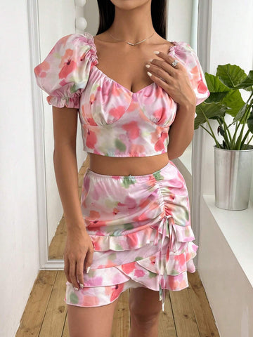 Flower Printed Tie-Dye Bubble Sleeve Cropped Top & Ruffled Hem Half Skirt Set Flower Printed Tie-Dye Bubble Sleeve Cropped Top & Ruffled Hem Half Skirt Set