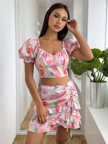 Flower Printed Tie-Dye Bubble Sleeve Cropped Top & Ruffled Hem Half Skirt Set Flower Printed Tie-Dye Bubble Sleeve Cropped Top & Ruffled Hem Half Skirt Set