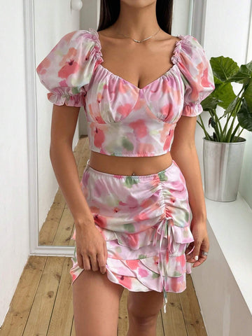 Flower Printed Tie-Dye Bubble Sleeve Cropped Top & Ruffled Hem Half Skirt Set Flower Printed Tie-Dye Bubble Sleeve Cropped Top & Ruffled Hem Half Skirt Set