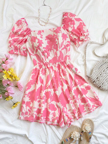 Holiday Women's Floral Print Square Neck Puff Sleeve Cinched Waist Jumpsuit Holiday Women's Floral Print Square Neck Puff Sleeve Cinched Waist Jumpsuit