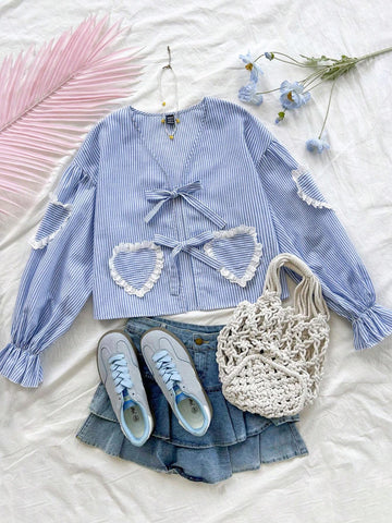 Ladies Casual Striped Shirt For Vacation, Front Bow Tie Collar, Heart Shape Lace Patchwork Pocket, Suitable For Autumn Ladies Casual Striped Shirt For Vacation, Front Bow Tie Collar, Heart Shape Lace Patchwork Pocket, Suitable For Autumn