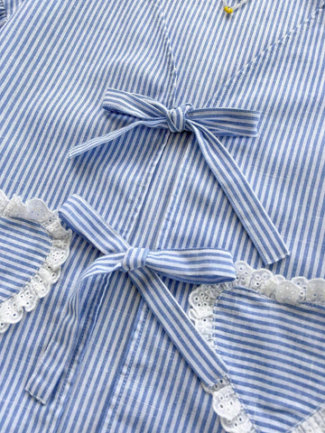 Ladies Casual Striped Shirt For Vacation, Front Bow Tie Collar, Heart Shape Lace Patchwork Pocket, Suitable For Autumn Ladies Casual Striped Shirt For Vacation, Front Bow Tie Collar, Heart Shape Lace Patchwork Pocket, Suitable For Autumn