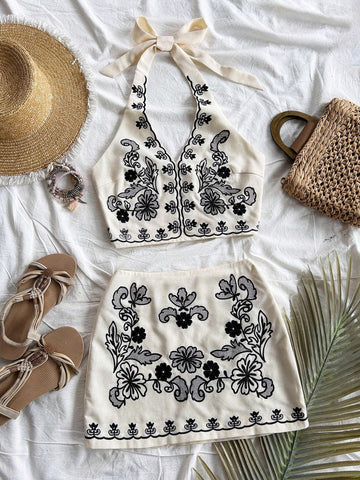 Ladies Vacation Apricot Base Black Flower Embroidered Halter Neck Bow Tie Crop Top And A-Line Mini Skirt Set,Women Set,Christmas Women Clothes,Beach Vacation Outfit,Party Women Outfit Ladies Vacation Apricot Base Black Flower Embroidered Halter Neck Bow Tie Crop Top And A-Line Mini Skirt Set,Women Set,Christmas Women Clothes,Beach Vacation Outfit,Party Women Outfit