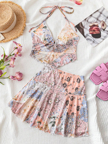 Summer Vacation Patchwork Printed Halter Top And Skirt Set Summer Vacation Patchwork Printed Halter Top And Skirt Set