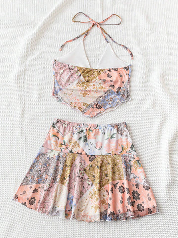 Summer Vacation Patchwork Printed Halter Top And Skirt Set Summer Vacation Patchwork Printed Halter Top And Skirt Set