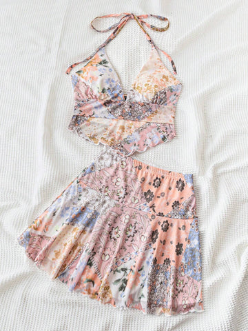 Summer Vacation Patchwork Printed Halter Top And Skirt Set Summer Vacation Patchwork Printed Halter Top And Skirt Set