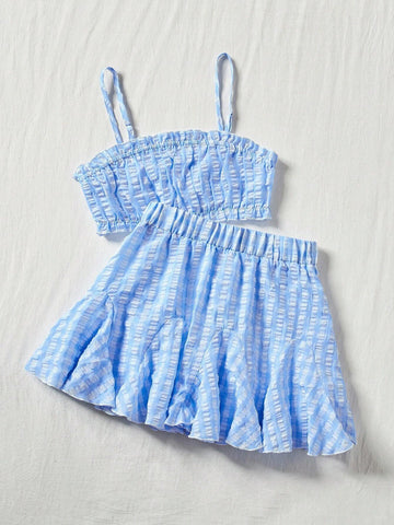 Tie-Dye Ruffled Cami Top And Skirt Set With Spaghetti Straps, Summer Tie-Dye Ruffled Cami Top And Skirt Set With Spaghetti Straps, Summer