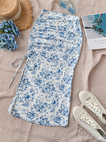 WYWH Women's Vacation White Base Blue Flower Printed Half-Length Skirt With Side Slit And Drawstring Waist WYWH Women's Vacation White Base Blue Flower Printed Half-Length Skirt With Side Slit And Drawstring Waist