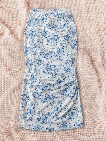 WYWH Women's Vacation White Base Blue Flower Printed Half-Length Skirt With Side Slit And Drawstring Waist WYWH Women's Vacation White Base Blue Flower Printed Half-Length Skirt With Side Slit And Drawstring Waist