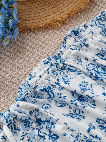 WYWH Women's Vacation White Base Blue Flower Printed Half-Length Skirt With Side Slit And Drawstring Waist WYWH Women's Vacation White Base Blue Flower Printed Half-Length Skirt With Side Slit And Drawstring Waist