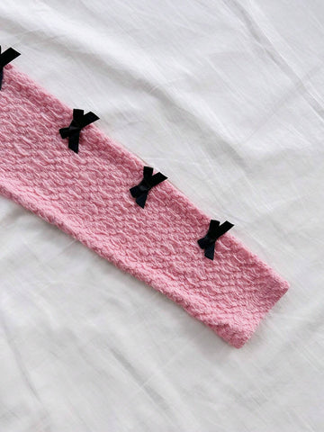 Women Summer Sleeveless Blouse With Pleated Texture, Bow Decor On Neckline And Sleeves, Pink Women Summer Sleeveless Blouse With Pleated Texture, Bow Decor On Neckline And Sleeves, Pink