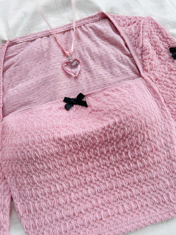 Women Summer Sleeveless Blouse With Pleated Texture, Bow Decor On Neckline And Sleeves, Pink Women Summer Sleeveless Blouse With Pleated Texture, Bow Decor On Neckline And Sleeves, Pink