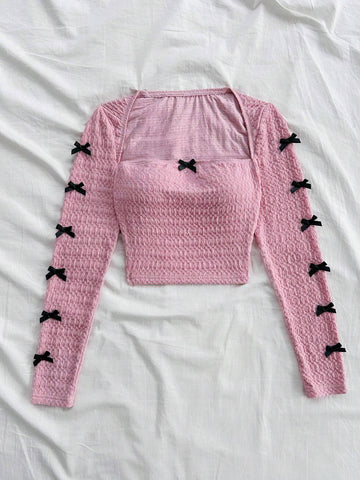 Women Summer Sleeveless Blouse With Pleated Texture, Bow Decor On Neckline And Sleeves, Pink Women Summer Sleeveless Blouse With Pleated Texture, Bow Decor On Neckline And Sleeves, Pink