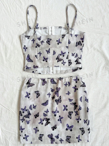 Women's Fashion Butterfly Printed Camisole Top And Short Skirt Set Bow Two Piece Outfits Festival Outfits Women's Fashion Butterfly Printed Camisole Top And Short Skirt Set Bow Two Piece Outfits Festival Outfits