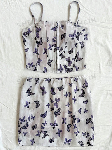 Women's Fashion Butterfly Printed Camisole Top And Short Skirt Set Bow Two Piece Outfits Festival Outfits Women's Fashion Butterfly Printed Camisole Top And Short Skirt Set Bow Two Piece Outfits Festival Outfits