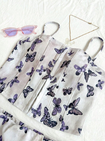 Women's Fashion Butterfly Printed Camisole Top And Short Skirt Set Bow Two Piece Outfits Festival Outfits Women's Fashion Butterfly Printed Camisole Top And Short Skirt Set Bow Two Piece Outfits Festival Outfits