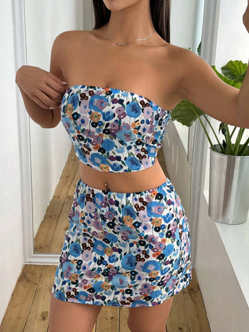 Women's Floral Print Strapless Top And Skirt Set Women's Floral Print Strapless Top And Skirt Set