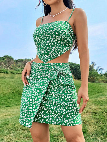 Women's Floral Print Wrap Tie Cami Top And Skirt Set With Open Back Design Women's Floral Print Wrap Tie Cami Top And Skirt Set With Open Back Design