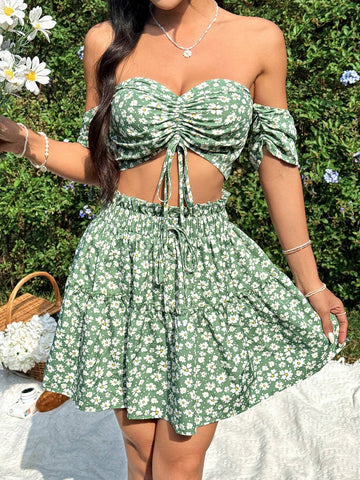Women's Floral Printed Short Sleeve Off Shoulder Top And Skirt Set With Drawstring Women's Floral Printed Short Sleeve Off Shoulder Top And Skirt Set With Drawstring