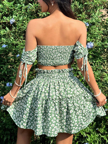 Women's Floral Printed Short Sleeve Off Shoulder Top And Skirt Set With Drawstring Women's Floral Printed Short Sleeve Off Shoulder Top And Skirt Set With Drawstring
