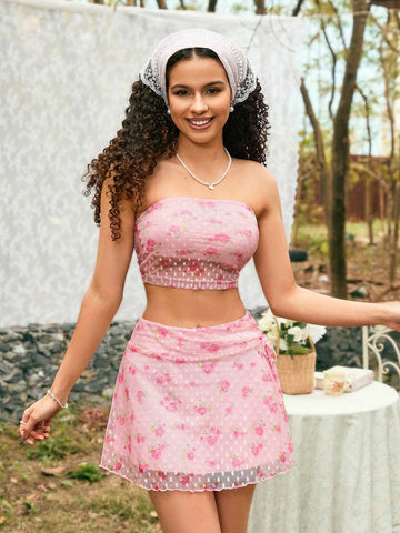 Women's Flower Embroidered Mesh Strapless Top And Skirt Set Women's Flower Embroidered Mesh Strapless Top And Skirt Set