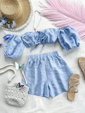 Women's Holiday Off-Shoulder Short Sleeve Crop Top And Shorts Set Women's Holiday Off-Shoulder Short Sleeve Crop Top And Shorts Set