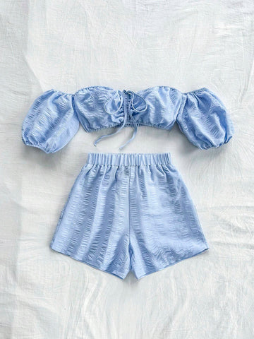 Women's Holiday Off-Shoulder Short Sleeve Crop Top And Shorts Set Women's Holiday Off-Shoulder Short Sleeve Crop Top And Shorts Set