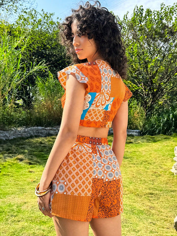 Women's Patchwork Printed Batwing Sleeve Top And Shorts Set Women's Patchwork Printed Batwing Sleeve Top And Shorts Set