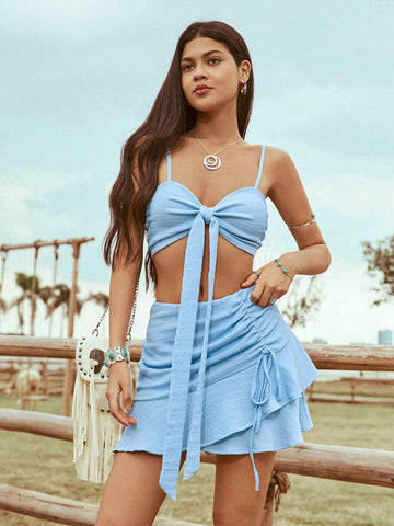 Women's Tie Strap Crop Top And Ruffle Hem Drawstring Skirt Set Women's Tie Strap Crop Top And Ruffle Hem Drawstring Skirt Set