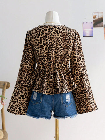 Women's V-Neck Long Sleeve Tie-Front Ruffle Hem Leopard Print Shirt, Women's V-Neck Long Sleeve Tie-Front Ruffle Hem Leopard Print Shirt,