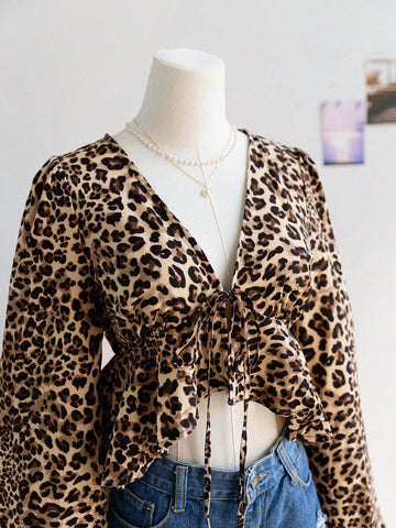 Women's V-Neck Long Sleeve Tie-Front Ruffle Hem Leopard Print Shirt, Women's V-Neck Long Sleeve Tie-Front Ruffle Hem Leopard Print Shirt,