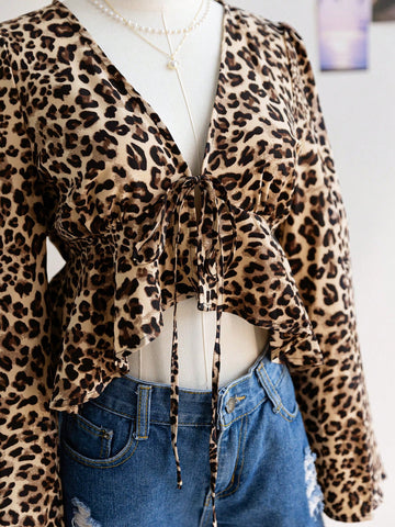 Women's V-Neck Long Sleeve Tie-Front Ruffle Hem Leopard Print Shirt, Women's V-Neck Long Sleeve Tie-Front Ruffle Hem Leopard Print Shirt,
