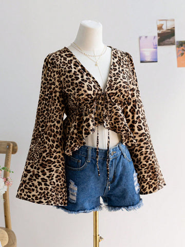 Women's V-Neck Long Sleeve Tie-Front Ruffle Hem Leopard Print Shirt, Women's V-Neck Long Sleeve Tie-Front Ruffle Hem Leopard Print Shirt,