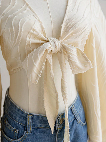 Women's Vacation Beige Textured Woven Open Front Tie Knot Bell Sleeve Ruffle Cuff Blouse Women's Vacation Beige Textured Woven Open Front Tie Knot Bell Sleeve Ruffle Cuff Blouse