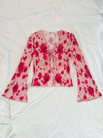 Vacation Large Floral Pleated Tie Front Bow Puff Sleeve Ruffle Hem Casual Loose Blouse,Long Sleeve Top, Vacation Large Floral Pleated Tie Front Bow Puff Sleeve Ruffle Hem Casual Loose Blouse,Long Sleeve Top,