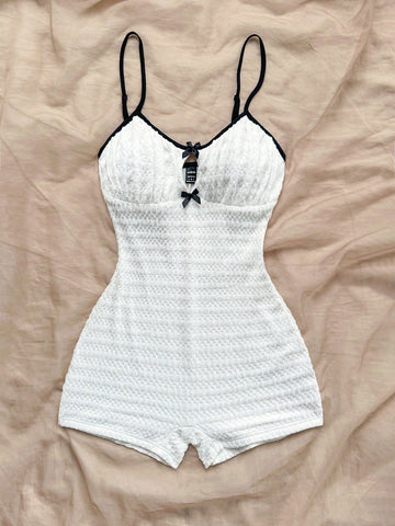 Women's Vacation White Knitted Texture Front Center Hollow Bowknot Contrast Strap Skinny Jumpsuit, Fashionable Base Layer Or Outerwear, Party Women's Vacation White Knitted Texture Front Center Hollow Bowknot Contrast Strap Skinny Jumpsuit, Fashionable Base Layer Or Outerwear, Party