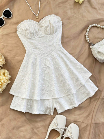 Women's White Jacquard Textured Fabric Sexy Cinched Waist Ruffle A-Line Romper, Vacation/Party Women's White Jacquard Textured Fabric Sexy Cinched Waist Ruffle A-Line Romper, Vacation/Party
