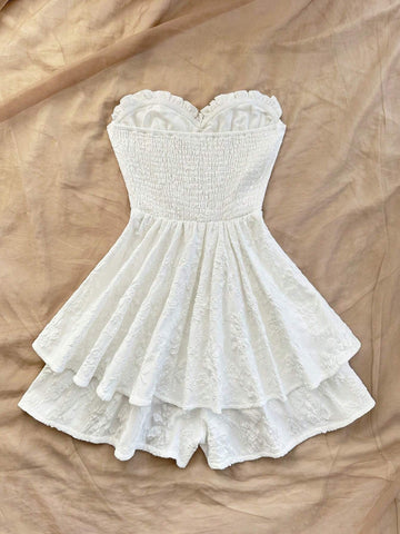 Women's White Jacquard Textured Fabric Sexy Cinched Waist Ruffle A-Line Romper, Vacation/Party Women's White Jacquard Textured Fabric Sexy Cinched Waist Ruffle A-Line Romper, Vacation/Party