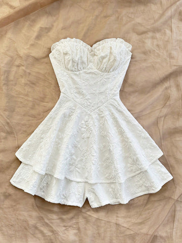 Women's White Jacquard Textured Fabric Sexy Cinched Waist Ruffle A-Line Romper, Vacation/Party Women's White Jacquard Textured Fabric Sexy Cinched Waist Ruffle A-Line Romper, Vacation/Party