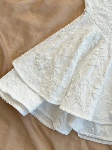 Women's White Jacquard Textured Fabric Sexy Cinched Waist Ruffle A-Line Romper, Vacation/Party Women's White Jacquard Textured Fabric Sexy Cinched Waist Ruffle A-Line Romper, Vacation/Party