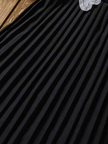 Young Girl Elegant Colorblock Lace Patchwork Puff Sleeve Pleated Dress Young Girl Elegant Colorblock Lace Patchwork Puff Sleeve Pleated Dress