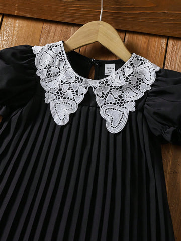 Young Girl Elegant Colorblock Lace Patchwork Puff Sleeve Pleated Dress Young Girl Elegant Colorblock Lace Patchwork Puff Sleeve Pleated Dress