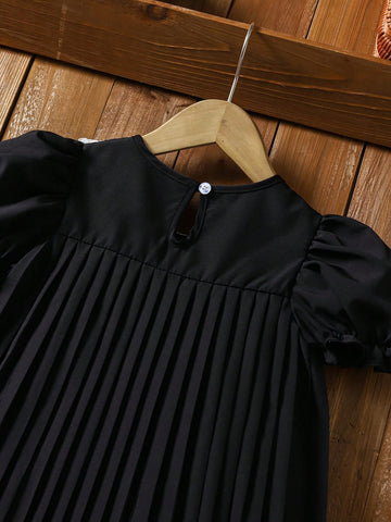 Young Girl Elegant Colorblock Lace Patchwork Puff Sleeve Pleated Dress Young Girl Elegant Colorblock Lace Patchwork Puff Sleeve Pleated Dress