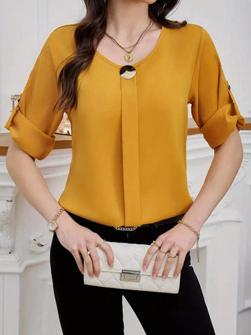 EMERY ROSE Women's Casual Short Sleeve Plaid Printed Round Neck Summer Shirt Black And White Shirt EMERY ROSE Women's Casual Short Sleeve Plaid Printed Round Neck Summer Shirt Black And White Shirt